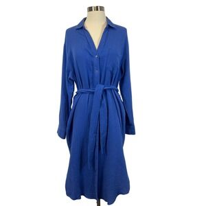 magaschoni blue linen dress Magaschoni | Dresses | Magaschoni Linen Shirt Dress Blue M Midi Button Front Ruffle